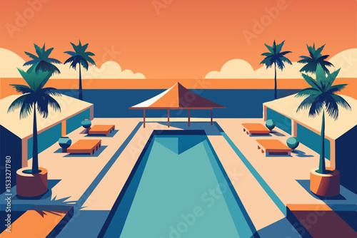 swimming pool with palm trees and sea