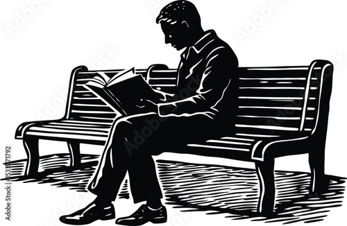 Silhouette of Man Reading Book on Park Bench, Black and White Vector Illustration