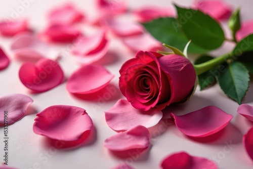 Rose petals scattered on a table with a single rose stem , pink, bloom, romance