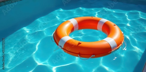 Bright orange life preserver afloat in a sparkling blue pool , hot, sun