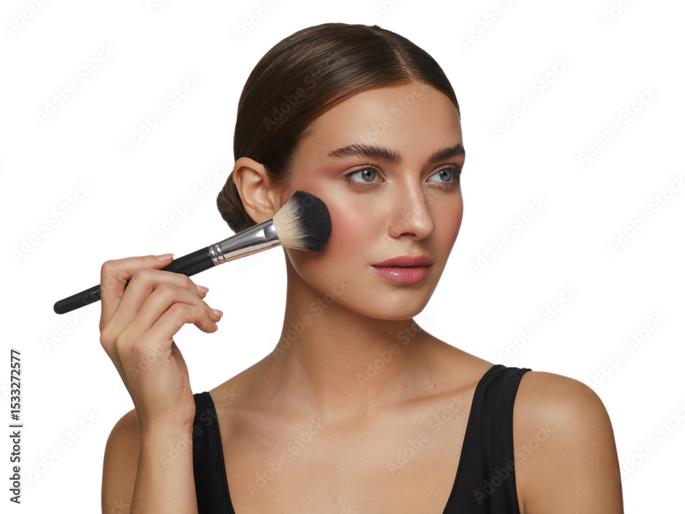 Beautiful woman applying makeup blush powder with brush tan art on transparent background Beautiful woman applying makeup blush powder with brush tan art on transparent background