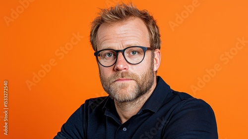 Portrait of a Man with Beard and Glasses Against Orange Background