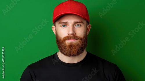 Portrait of a Man with Ginger Beard and Red Cap Against Green Background