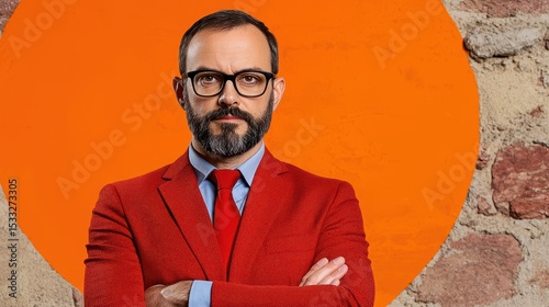Portrait of Man in Red Suit Against Orange Circle Background