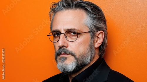 Portrait of Man with Graying Hair and Beard Against Orange Glitter Background