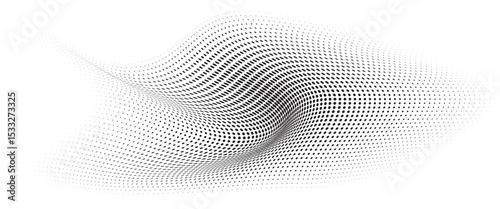 Flowing Wave Dot Halftone Pattern: Curve Gradient Shape on Transparent Background. Suitable for AI, Tech, Network, Digital, Science, and Technology Themes.