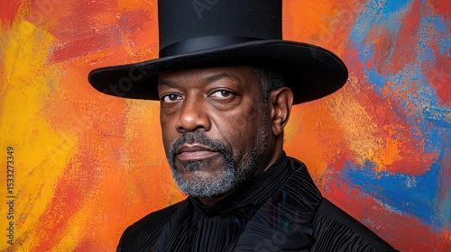 Portrait of Mature Man in Top Hat Against Abstract Background