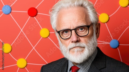 Portrait of Mature Man with White Hair and Beard Against Red Background with Connected Circles