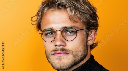 Portrait of Young Man with Curly Hair and Glasses Against Yellow Background