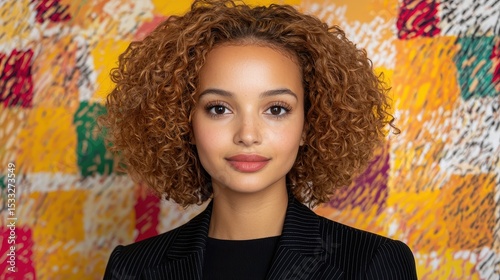 Portrait of Young Woman with Curly Brown Hair in Black Blazer Against Vibrant Abstract Background