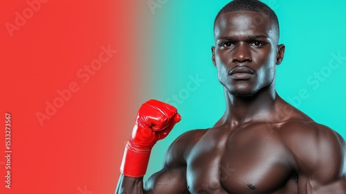 Powerful African American Boxer with Boxing Glove in Studio with Red and Teal Background