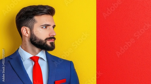 Profile of Bearded Man in Blue Suit Against Yellow and Red Background