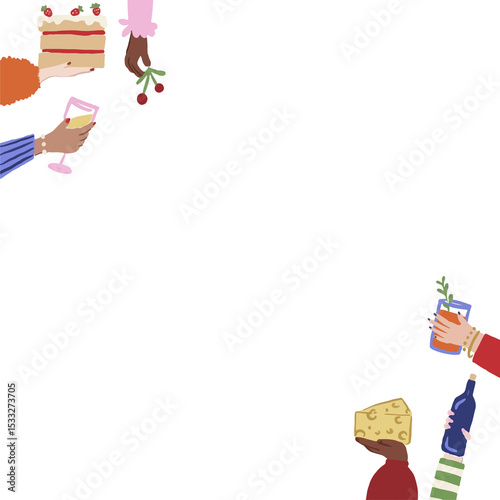 Stylized hands are forming border in flat design, offering cake and wine cocktail, clear background