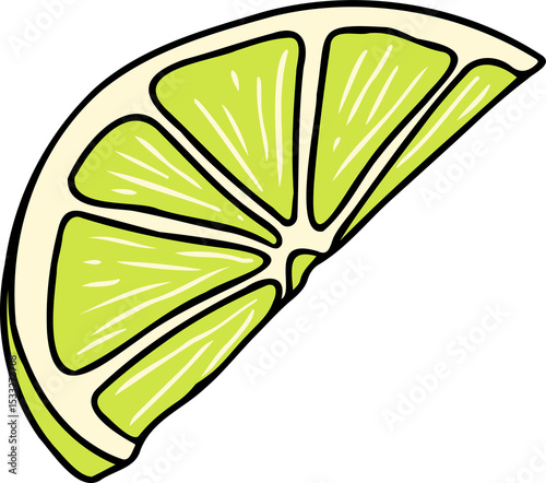 Stylized lime wedge is showing curved rind and segmented pulp in vector art on transparent backdrop