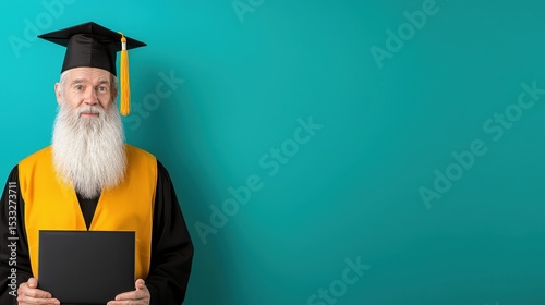 Proud Senior Man in Graduation Regalia Holding Diploma Against Teal Background