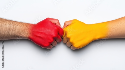 Red And Yellow Painted Hands In A Fist Bump On White Background