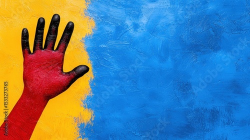 Red And Black Hand Against Yellow And Blue Textured Background