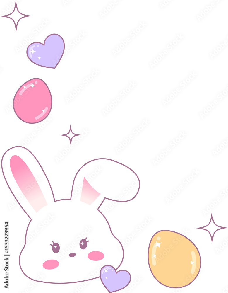 Obraz premium Rabbit head is floating in flat design on transparent canvas showing pastel hearts eggs sparkles