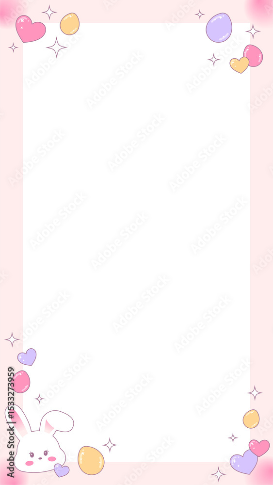 Fototapeta premium Vector pastel frame is showcasing rabbit, hearts, egg, stars on transparent background, copy space