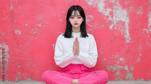 Serene Young Woman in Pink Outfit Against Vibrant Pink Wall