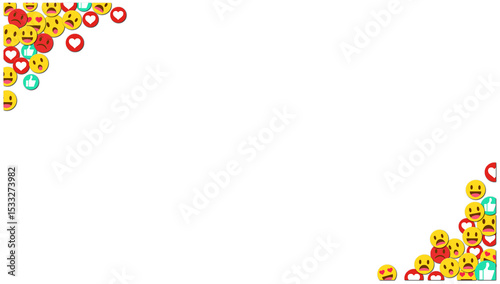 Clusters of reaction emojis are framing transparent background corners in flat design, copy space