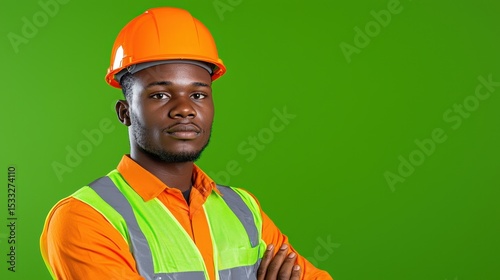Serious Construction Worker Portrait  Dark Skinned Man in Orange Hard Hat and Safety Vest