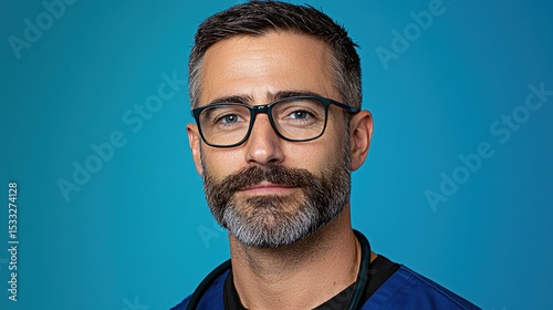 Serious Male Portrait Bearded Man in Blue Scrubs Against Teal Background