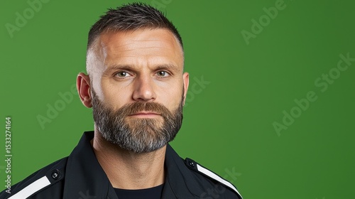 Serious Man in Dark Uniform Against Green Background