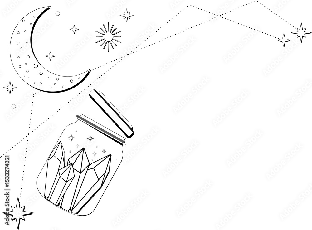 Obraz premium Mason-style jar with lid is floating in line art with crystals and stars on transparent background