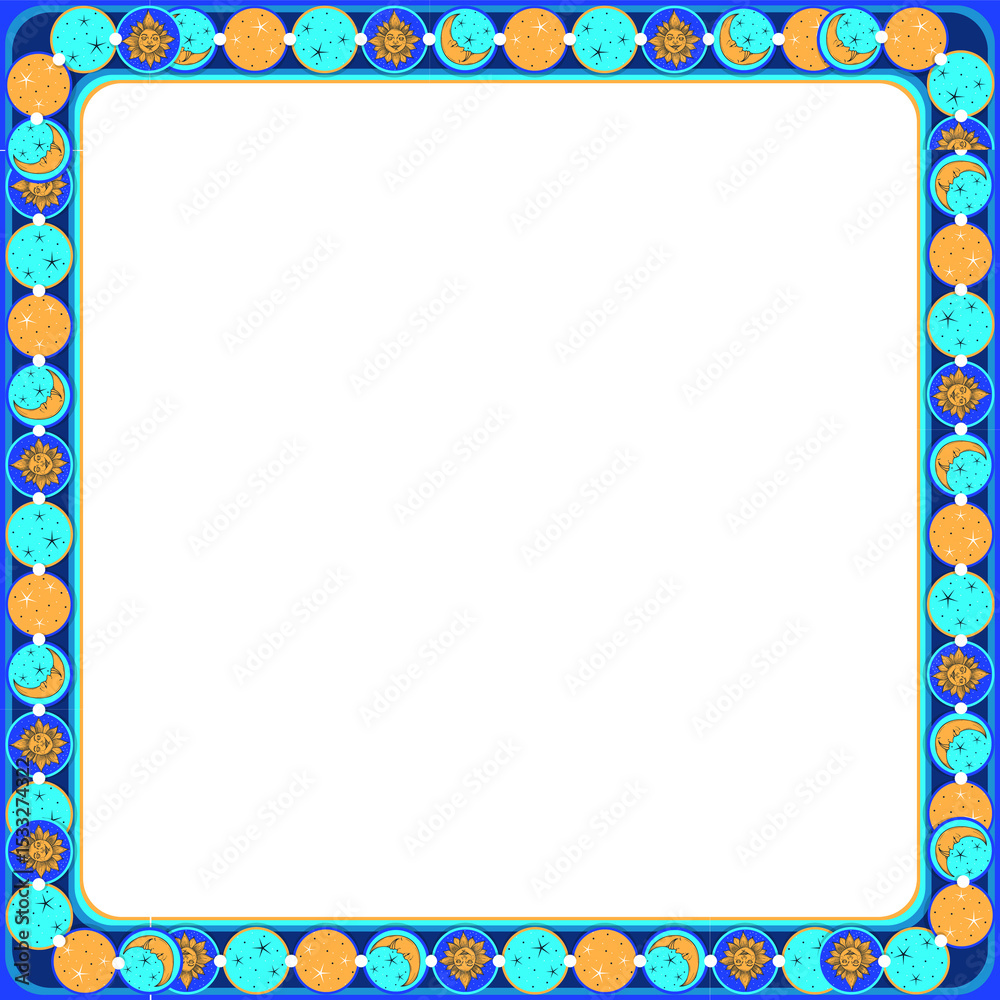 Obraz premium Square frame is featuring alternating turquoise orange blue motifs on transparent bg, copy space