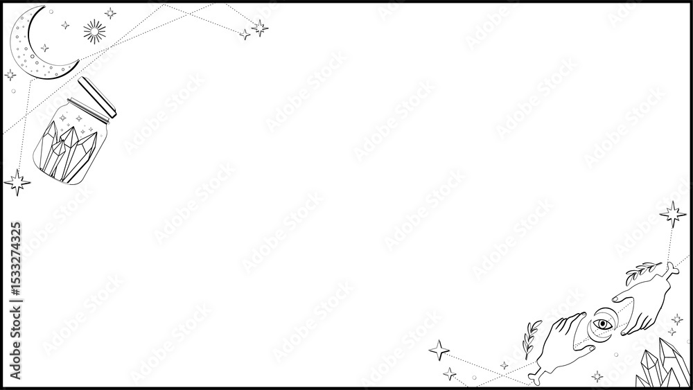 Fototapeta premium Mystical flat border is showing clear background, moon, crystal jar, hands holding eye, copy space