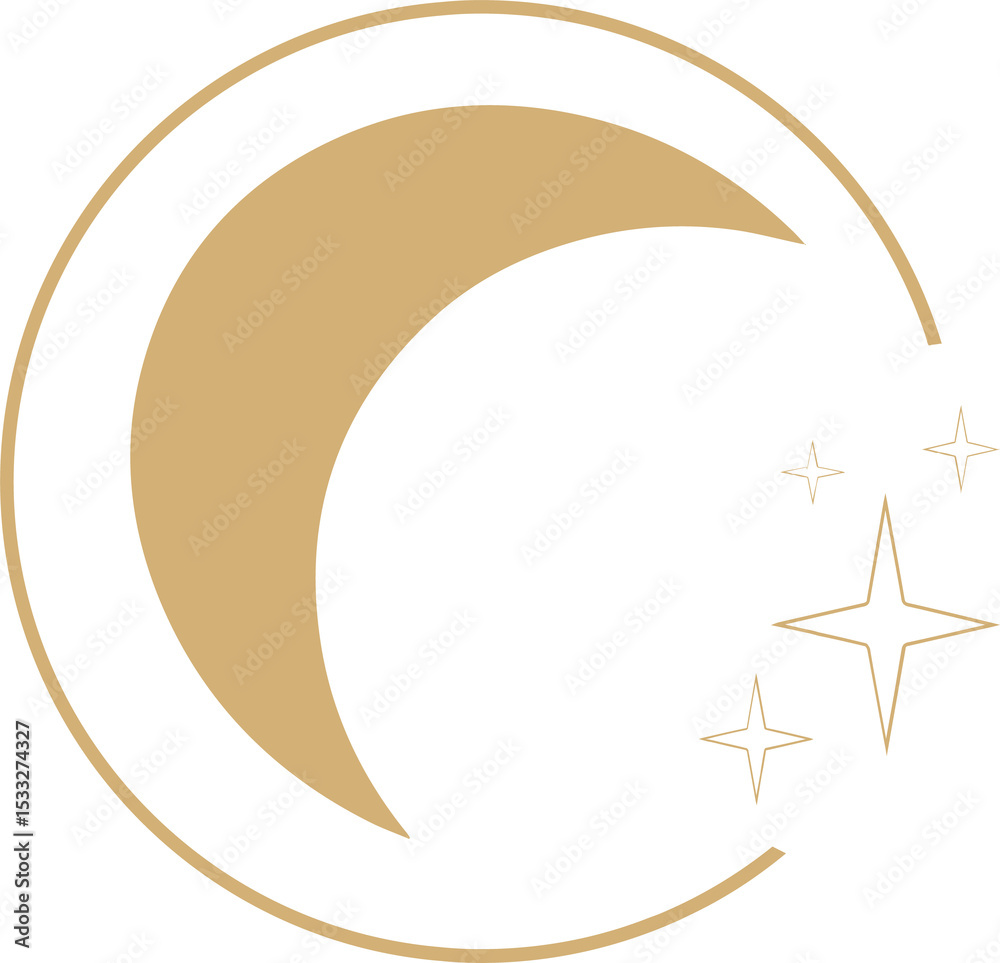 Fototapeta premium Stylized crescent moon and stars are floating in minimal flat design, on transparent background