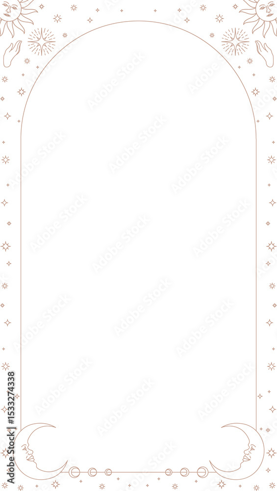 Fototapeta premium Showing symmetrical golden art deco border with suns, moons, stars, hands on transparent background
