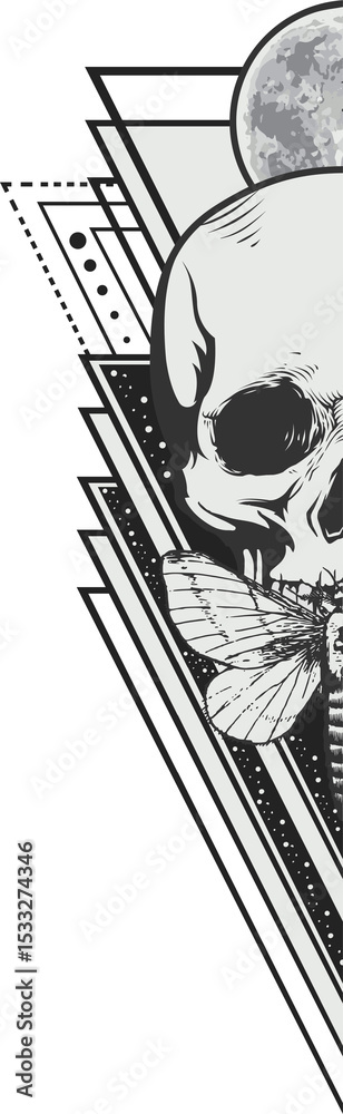 Naklejka premium Monochrome flat design showing half skull, moth on jaw before moon, triangles, transparent backdrop