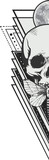 Monochrome flat design showing half skull, moth on jaw before moon, triangles, transparent backdrop
