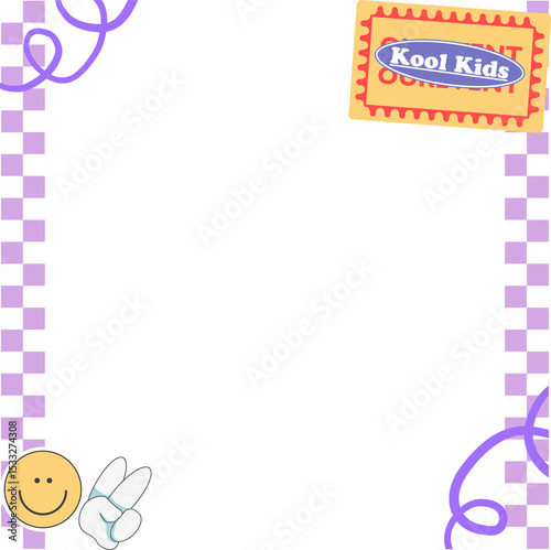 Showing transparent cartoon frame with purple chain, ribbons, Kool Kids ticket, smiley, peace sign
