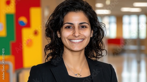 Smiling Woman in Black Blazer, Indoor Portrait with Colorful Abstract Background
