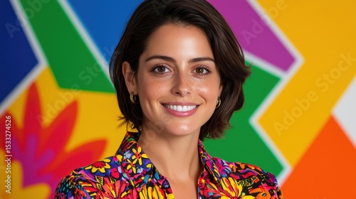 Smiling Woman in Colorful Blouse Against Vibrant Geometric Background