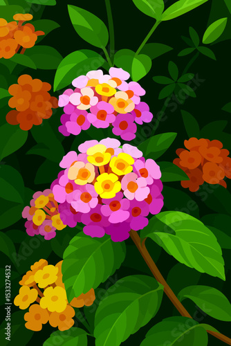 This image features a vibrant and stylized illustration of Lantana camara flowers. The central focus is on bright, multicolored flower clusters composed of small tubular flowers in shades of pink