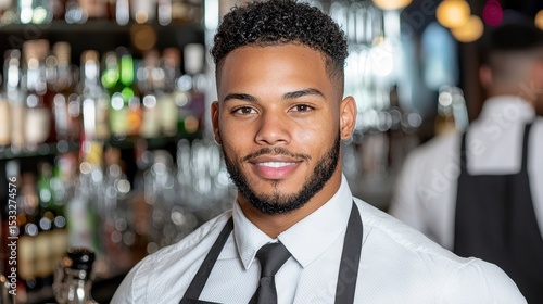 Smiling Young Bartender Portrait in a Bar Setting