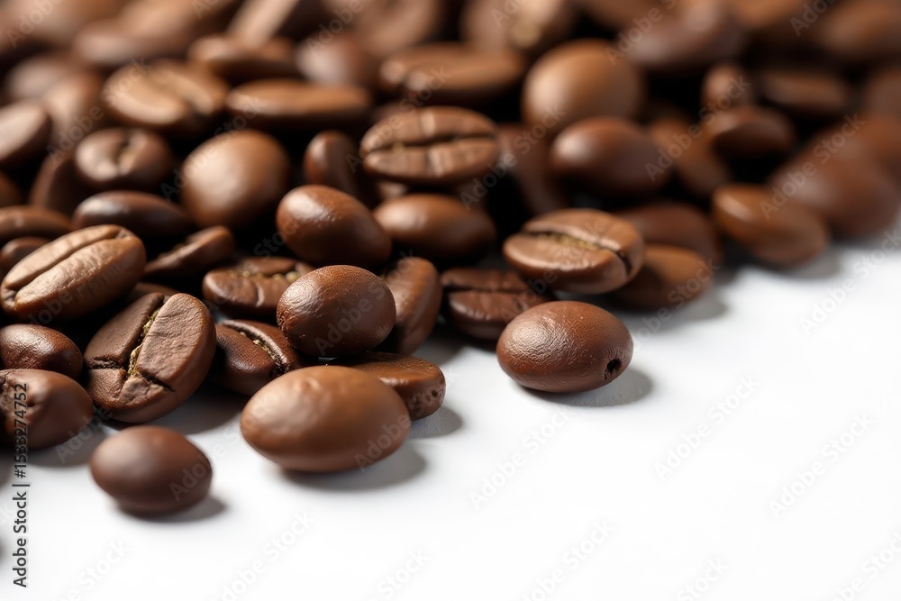 Naklejka premium Close-up of roasted coffee beans on white background , rich, beans