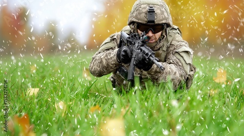 Soldier Aiming Rifle in Snowy Autumn Field