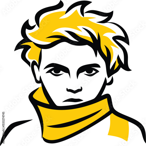 Stylized graphic portrait of a young person with spiky yellow hair and an intense expression. Modern character design for an avatar or mascot.

