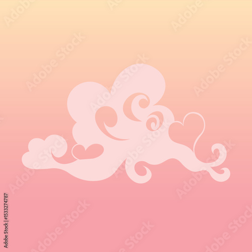 Cute pink cloud with hearts on pastel background - decorative kawaii vector	