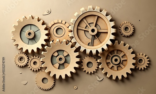 Interlocking paper gears with metallic paint accents, some turning with pull-tab mechanisms against kraft paper.