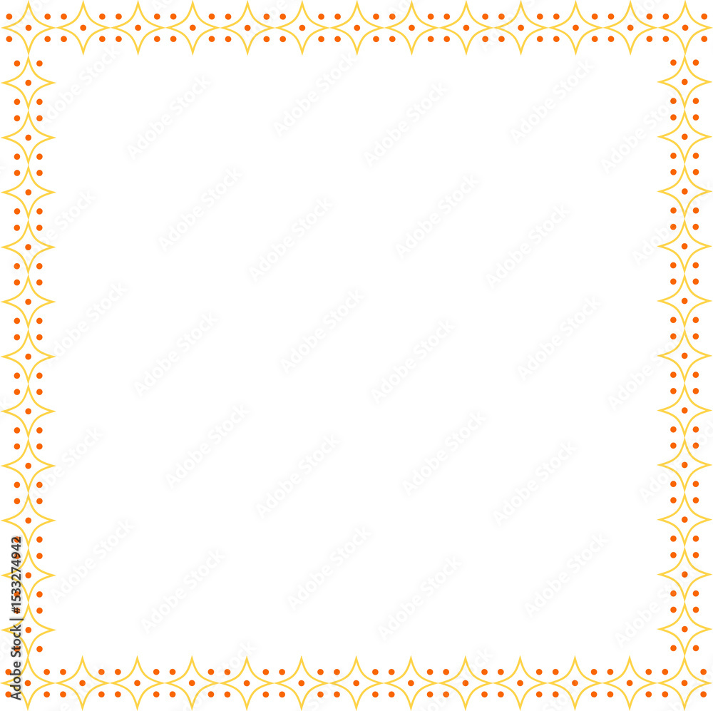 Fototapeta premium Ornate border is showing golden stars orange-dotted in flat design, transparent center, copy space