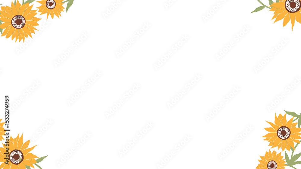 Naklejka premium Sunflower border is framing clear canvas in flat style with yellow petals, green leaves, copy space