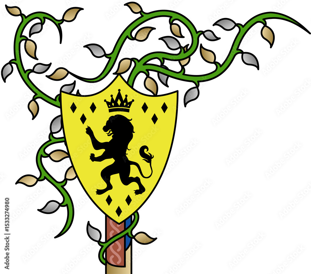 Naklejka premium Stylized shield is showing lion under crown on pole with vine and diamonds, transparent background