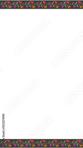 Flat floral border is showing tulip blossoms with dotted lines, transparent background, copy space