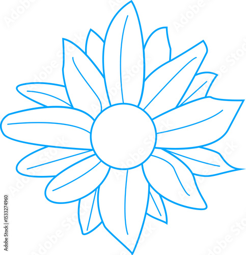 Fototapeta Naklejka Na Ścianę i Meble -  Minimal flower illustration showing white petals with blue outline and disc on transparent backdrop
